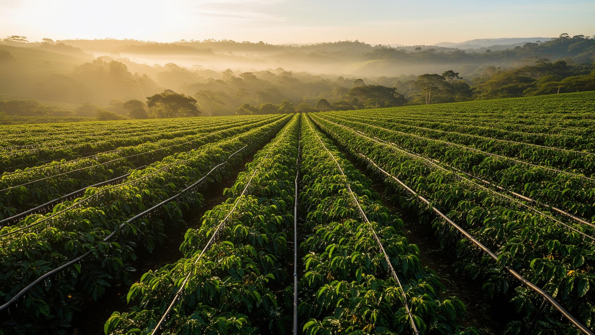 Lavoura de café irrigada por gotejamento ao amanhecer